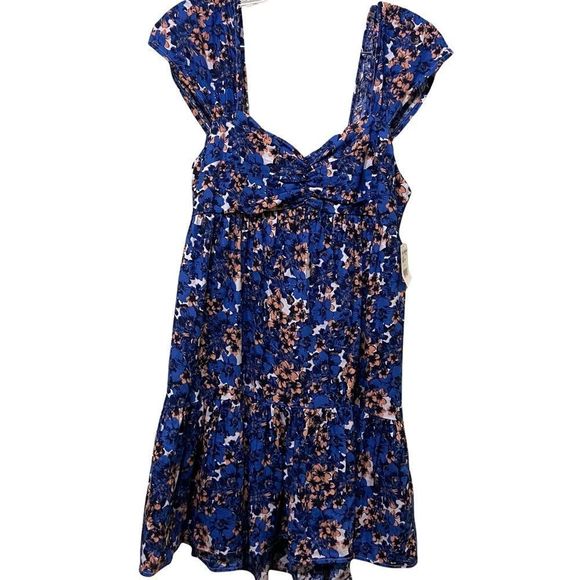 Free People; Blue Pattern Play Linen Floral ;Ruffle Mini Dress; Size  Small,. - Picture 2 of 9